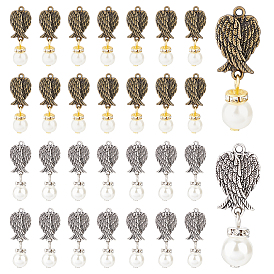 PandaHall Elite 60Pcs 2 Colors Tibetan Style Alloy Pendant, with Plastic Beads, Iron Rhinestone Spacer Beads and Iron Flat Head Pins, Wing & Round Beads