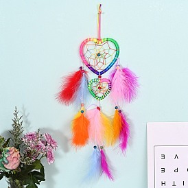 Тканая сетка/паутина с двойным сердцем из перьев и вышитыми бисером колокольчиками, для декора домашней вечеринки