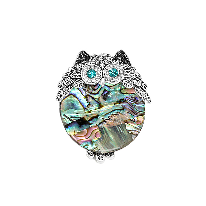 Owl Abalone Shell/Paua Shell Brooch Pins, Alloy Rhinestone Lapel Pins
