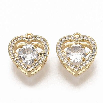 Brass Micro Pave Clear Cubic Zirconia Charms, Nickel Free, Heart, Real 18K Gold Plated