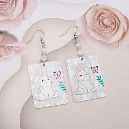 Пасхальные серьги-подвески из акрила и стекла, прямоугольник с кроликом, платина