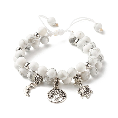 Round Natural Howlite Braided Bead Bracelet, Tree & Moon & Tortoise Charm Double Layered Bracelet for Teen Girl Women
