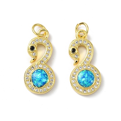 Brass Micro Pave Cubic Zirconia Pendants, Cadmium Free & Lead Free, with Synthetic Opal and Jump Ring, Swan
