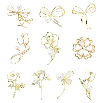 10шт 10 стили сплава горный хрусталь броши для рюкзака одежды, с имитацией жемчуга и ракушки, разнообразные