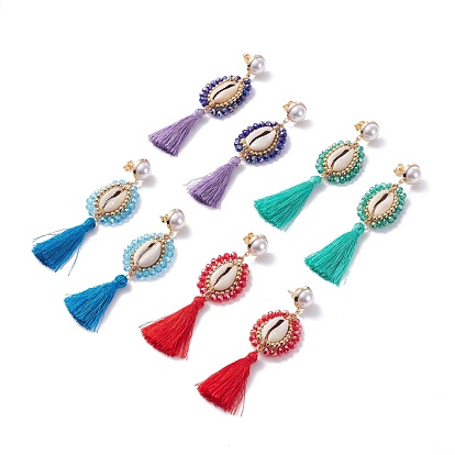 Aretes colgantes largos con envoltura de alambre, Pendientes colgantes de concha natural con borla de poliéster para mujer., dorado