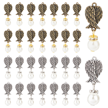 60Pcs 2 Colors Tibetan Style Alloy Pendant, with Plastic Beads, Iron Rhinestone Spacer Beads and Iron Flat Head Pins, Wing & Round Beads