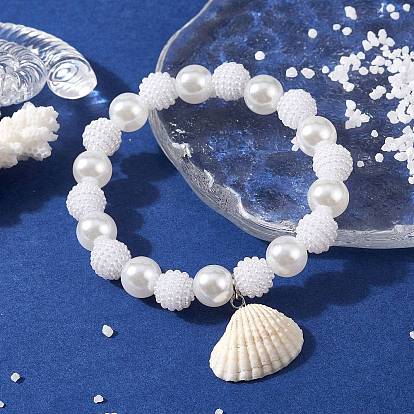4Pcs 4 Style ABS Plastic Imitation Pearl Beaded Stretch Bracelets Set, Stackable Bracelets with Natural Shell Charms
