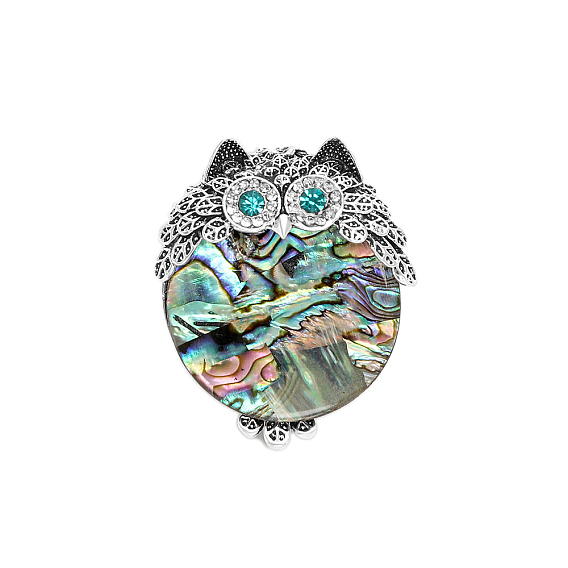 Owl Abalone Shell/Paua Shell Brooch Pins, Alloy Rhinestone Lapel Pins