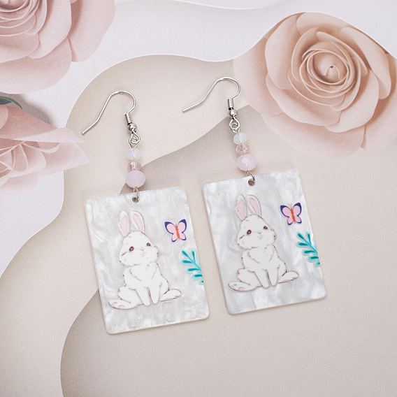 Пасхальные серьги-подвески из акрила и стекла, прямоугольник с кроликом, платина