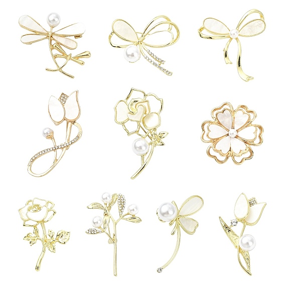 10шт 10 стили сплава горный хрусталь броши для рюкзака одежды, с имитацией жемчуга и ракушки, разнообразные