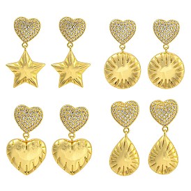 Rack Plating Brass Micro Pave Clear Cubic Zirconia Stud Earrings, Cadmium Free & Lead Free, Real 18K Gold Plated