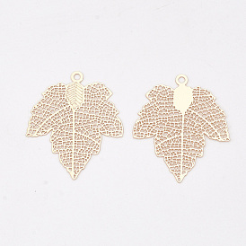 Autumn Theme Brass Pendants, Etched Metal Embellishments, Long-Lasting Plated, Maple Leaf