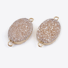 Natural Druzy Quartz Crystal Links Connectors, with Brass Finding, Oval, Golden