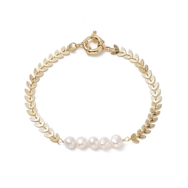 Natural Pearl Beaded Link Anklet with Brass Cob Chains for Women