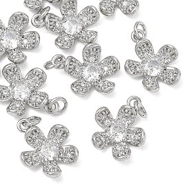 SHEGRACE Brass Clear Cubic Zirconia Pendants, Flower Charms, Cadmium Free & Lead Free & Nickel Free