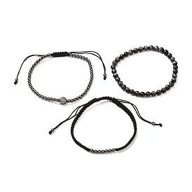 Natural Tiger Eye Bracelets Set for Men Women, Adjustable Braided Bead Bracelets with Brass Cubic Zirconia Beads
