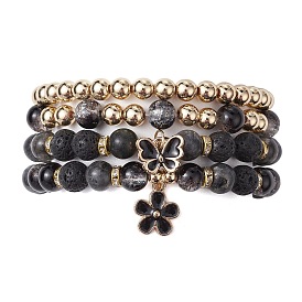4Pcs 4 Style Natural Larvikite & Lava Rock Round Beaded Stretch Bracelets Set, Glass & Alloy Stackable Bracelets with Butterfly & Flower Charms