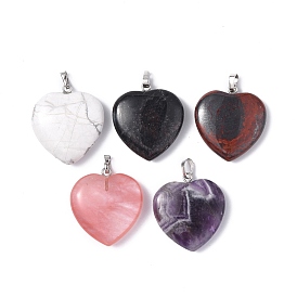 Gemstone Pendants, Heart Charms, with Platinum Tone Brass Findings