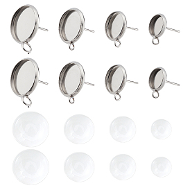 56Pcs 304 Stainless Steel Stud Earring Settings, with Loop, Flat Round, 56Pcs Transparent Glass Cabochons, Half Round/Dome