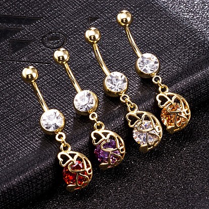 Piercing Jewelry, Brass Cubic Zirconia Navel Ring, Belly Rings, with Surgical Stainless Steel Bar, Cadmium Free & Lead Free