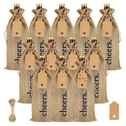 12шт. прямоугольные джутовые сумки для хранения вина с завязкой, с 12шт. пустых подарочных бирок из крафт-бумаги и 1 пачкой джутового шнура