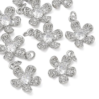 SHEGRACE Brass Clear Cubic Zirconia Pendants, Flower Charms, Cadmium Free & Lead Free & Nickel Free