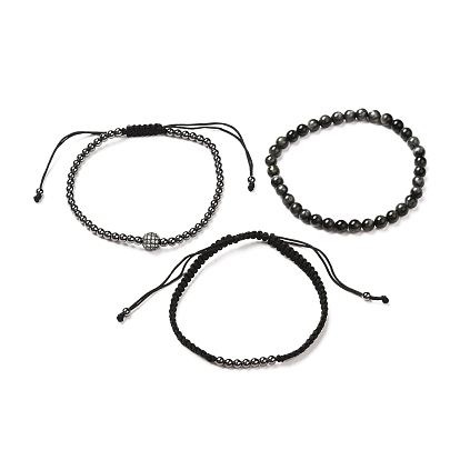 Natural Tiger Eye Bracelets Set for Men Women, Adjustable Braided Bead Bracelets with Brass Cubic Zirconia Beads