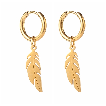 202 Stainless Steel Hoop Earrings, with Feather Pendants, 304 Stainless Steel Ear Wire