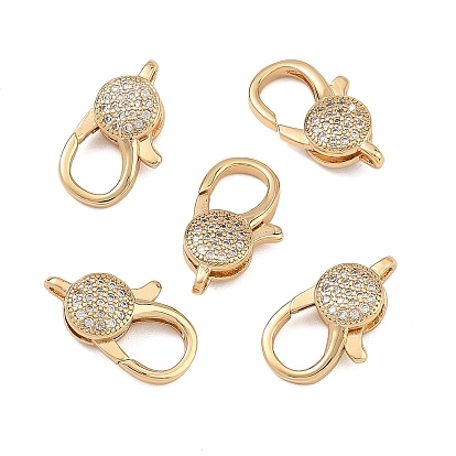 Fermoirs mousquetons en laiton Shegrace, micro-pavés de zirconiums cubiques transparents, plat rond, sans plomb et sans cadmium et sans nickel