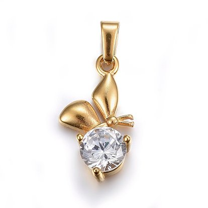 304 Stainless Steel Pendants, with Cubic Zirconia, Butterfly, Clear
