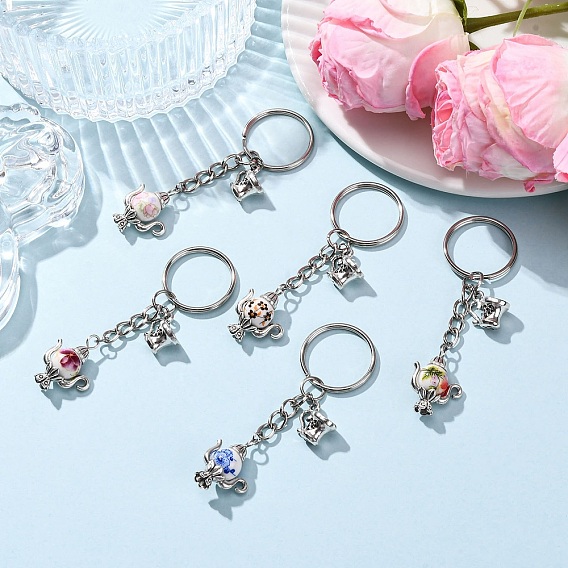 Брелки в виде фарфоровых чайников, с подвесками из сплава и железными разъемными кольцами, старинное серебро и платина