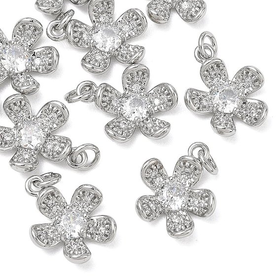 SHEGRACE Brass Clear Cubic Zirconia Pendants, Flower Charms, Cadmium Free & Lead Free & Nickel Free