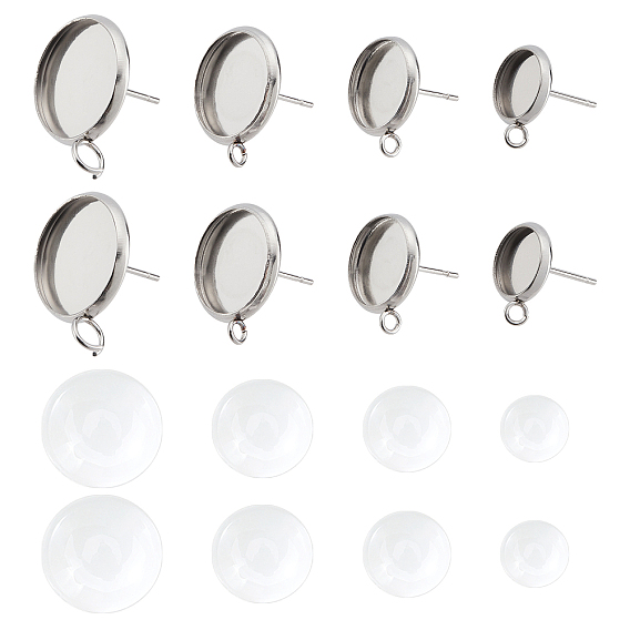 56Pcs 304 Stainless Steel Stud Earring Settings, with Loop, Flat Round, 56Pcs Transparent Glass Cabochons, Half Round/Dome