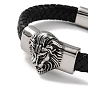 Men's Braided Black PU Leather Cord Bracelets, Lion 304 Stainless Steel Link Bracelets with Magnetic Clasps