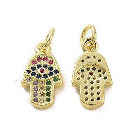 Brass Micro Pave Cubic Zirconia Charms, Real 18K Gold Plated, with Jump Ring, Hamsa Hand/Hand of Fatima/Hand of Miriam with Eye