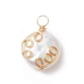 Pendentifs perle keshi perle baroque naturelle, avec du fil de cuivre enroulé, charme plat rond