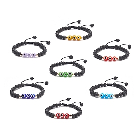 7Pcs 7 Color Natural Lava Rock & Lampwork Evil Eye Braided Bead Bracelets Set, Essential Oil Gemstone Stackable Bracelets for Women
