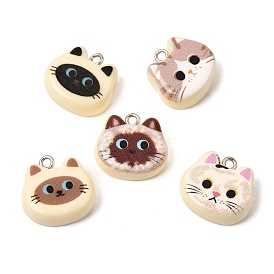 Printed Opaque Resin Pendants, Cat Shape Charm, with Platinum Iron Loops