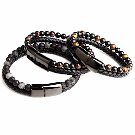Men's Alloy Leather Bracelet with Natural Stone Beads, Double Layer Tiger Eye.