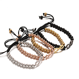 Round 304 Stainless Steel Braided Beaded Bracelets, with Infinity Brass Micro Pave Cubic Zirconia Links, 50~90mm