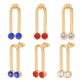Unicraftale 6Pcs 3 Color U Shape Rhinestone Dangle Stud Earrings for Girl Women, Real 18K Gold Plated 304 Stainless Steel Earrings