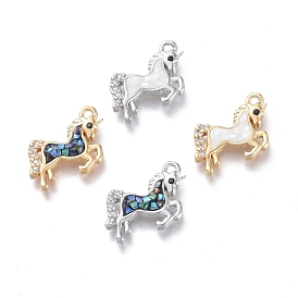 Natural Shell Charms, with Cubic Zirconia and Brass Findings, Unicorn