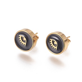 Golden Tone 304 Stainless Steel Stud Earrings, with Enamel, Flat Round with Eye