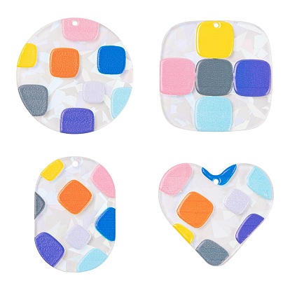 8Pcs 4 Style Transparent Acrylic Pendants, 3D Printed, with Film on the Back, Oval & Heart & Flat Round & Square with Square Pattern