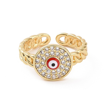 Real 18K Gold Plated Brass Micro Pave Cubic Zirconia Open Rings, Enamel Evil Eye Cuff Rings for Women