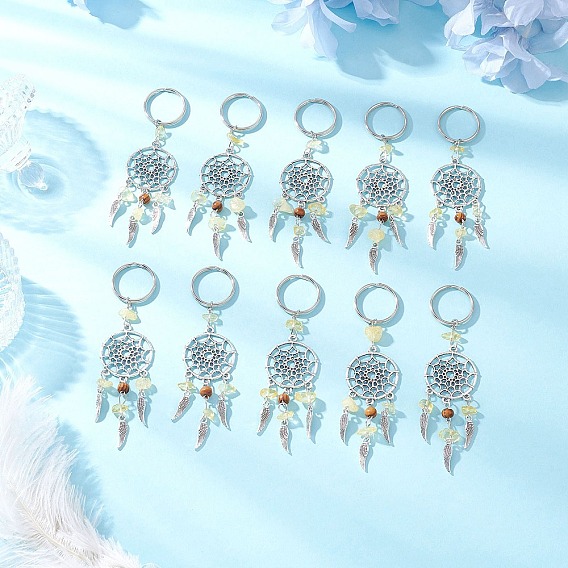 Брелки из натурального цитрина и деревянных бусин, с элементами люстр из сплава и подвесками-крыльями из сплава