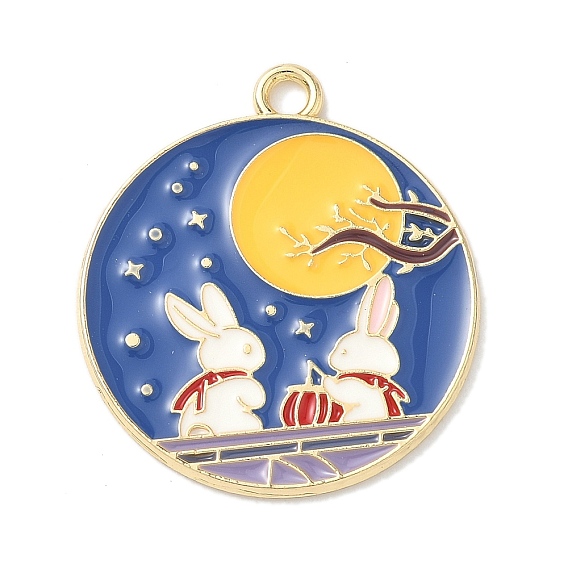 Подвески из эмали и сплава, плоские круглые с кроликом, золотой свет, без кадмия, без никеля и без свинца, стойки покрытие