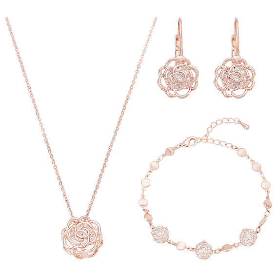 Комплекты браслетов, серег и ожерелий из полой розовой латуни с микропаве из кубических цирконий