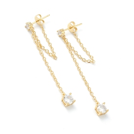 Brass Micro Pave Clear Cubic Zirconia Cable Chain Tassel Earrings, Long-Lasting Plated
