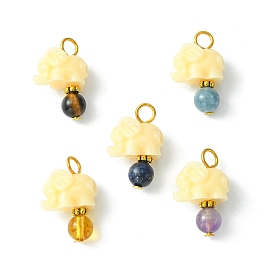 Opaque Resin and Natural Mixed Stone Pendants, with Iron and Alloy Findings, Elephant Charm with Round